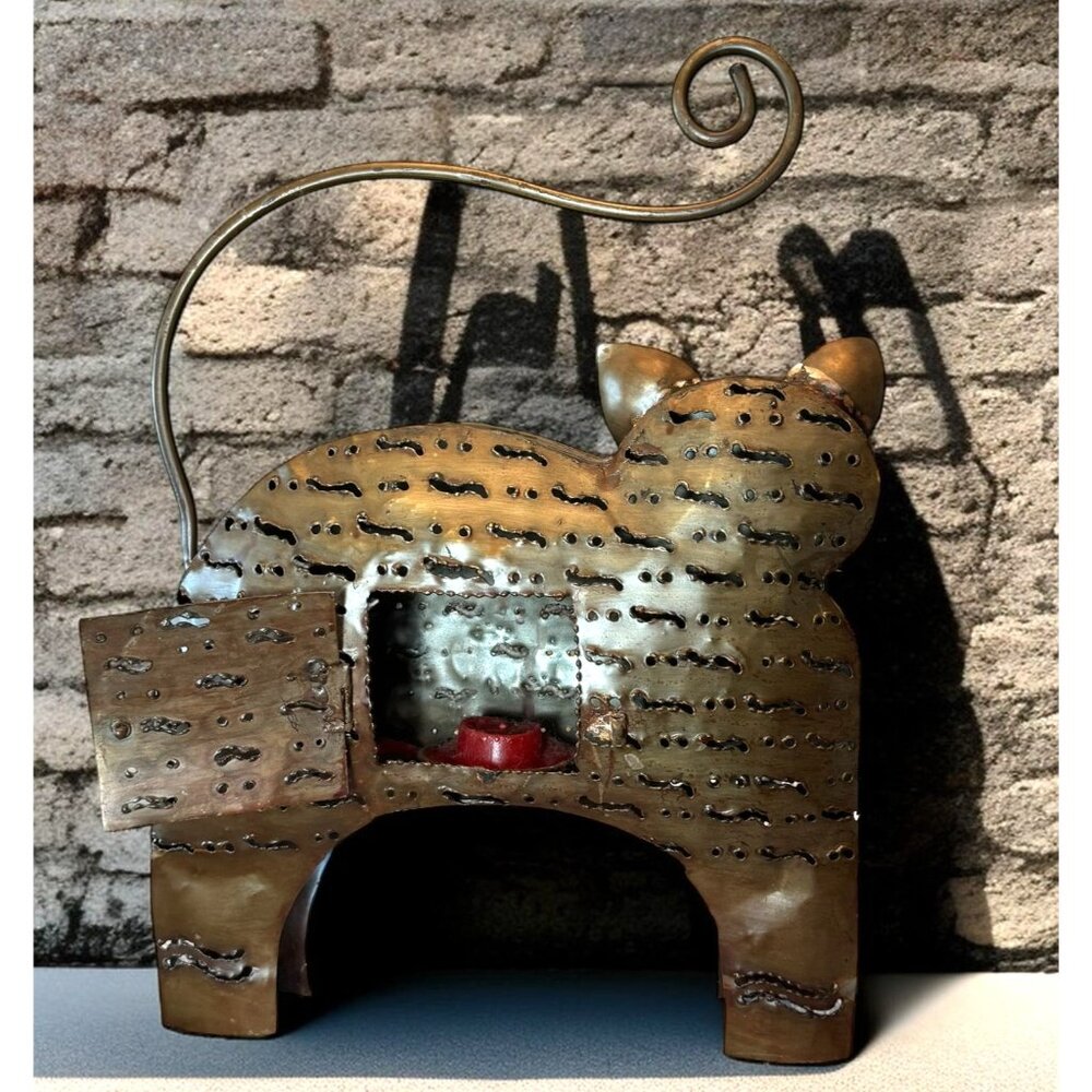 Rustic Metal Cat Sculpture With Curled Tail Candle Holder Vintage Bronze Finish - Picture 3 of 10
